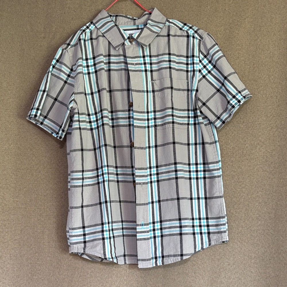 Sonoma Gray and Blue Plaid Kids Button Down Shirt Size M